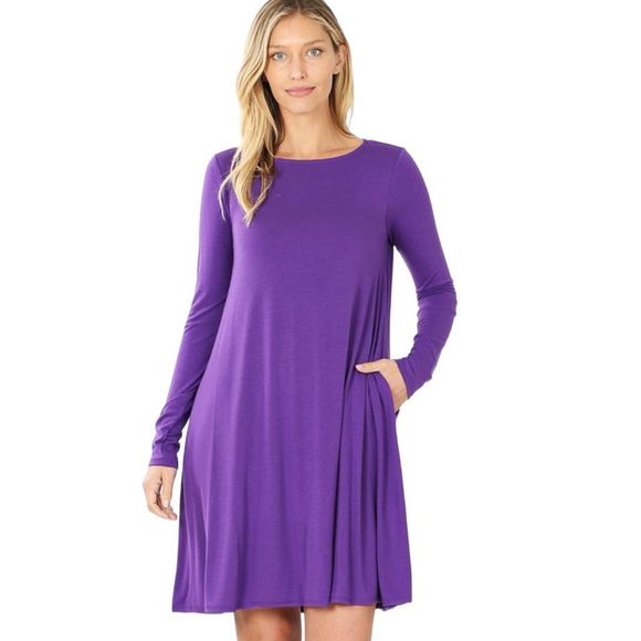 Zenana Women's Magenta Purple Long Sleeve Fit And Flare Dress Multiple Sizes NWT - Picture 1 of 4